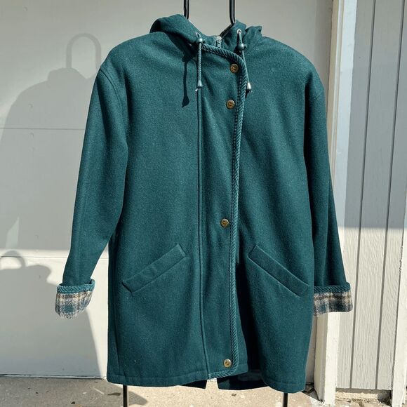 Vintage 80s Herman Kay Forest Green Plaid Hooded Wool Winter Coat, SZ 8 - Picture 1 of 10